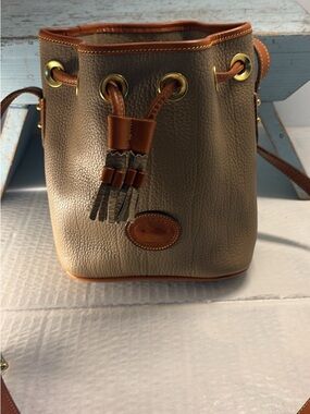 Leather Bucket Crossbody Bag in Taupe with Tan Trim-mini